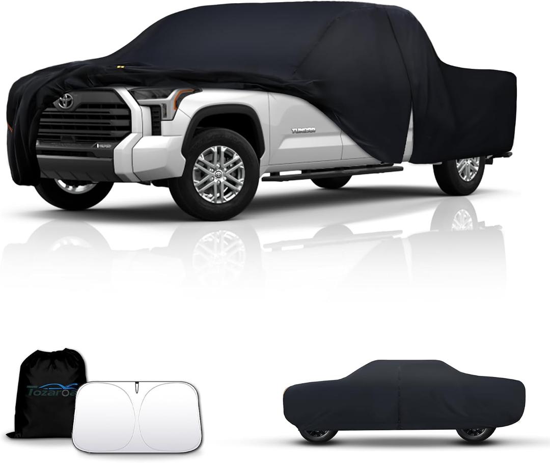 Waterproof Car Cover All-Weather, Heavy-Duty Outdoor Full Exterior Automobiles Snow Cover for Truck 221-228 inch with Sun Visor,Zippered & Storage Bag - Black