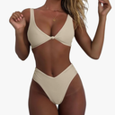 geluboao Bikini Set for Women Solid V Neck Knot Front Push Up High Leg Thong Two Piece Swimsuit,  Size large, Color Apricot
