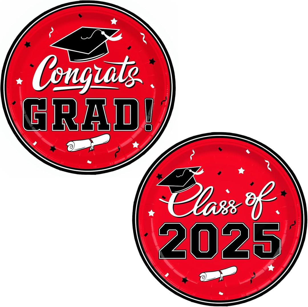 Gatherfun Graduation Party Supplies 2025 Graduation Party Dinnerware Red Disposable Paper Plates for Congrats Grad Party Decorations, Serve 80