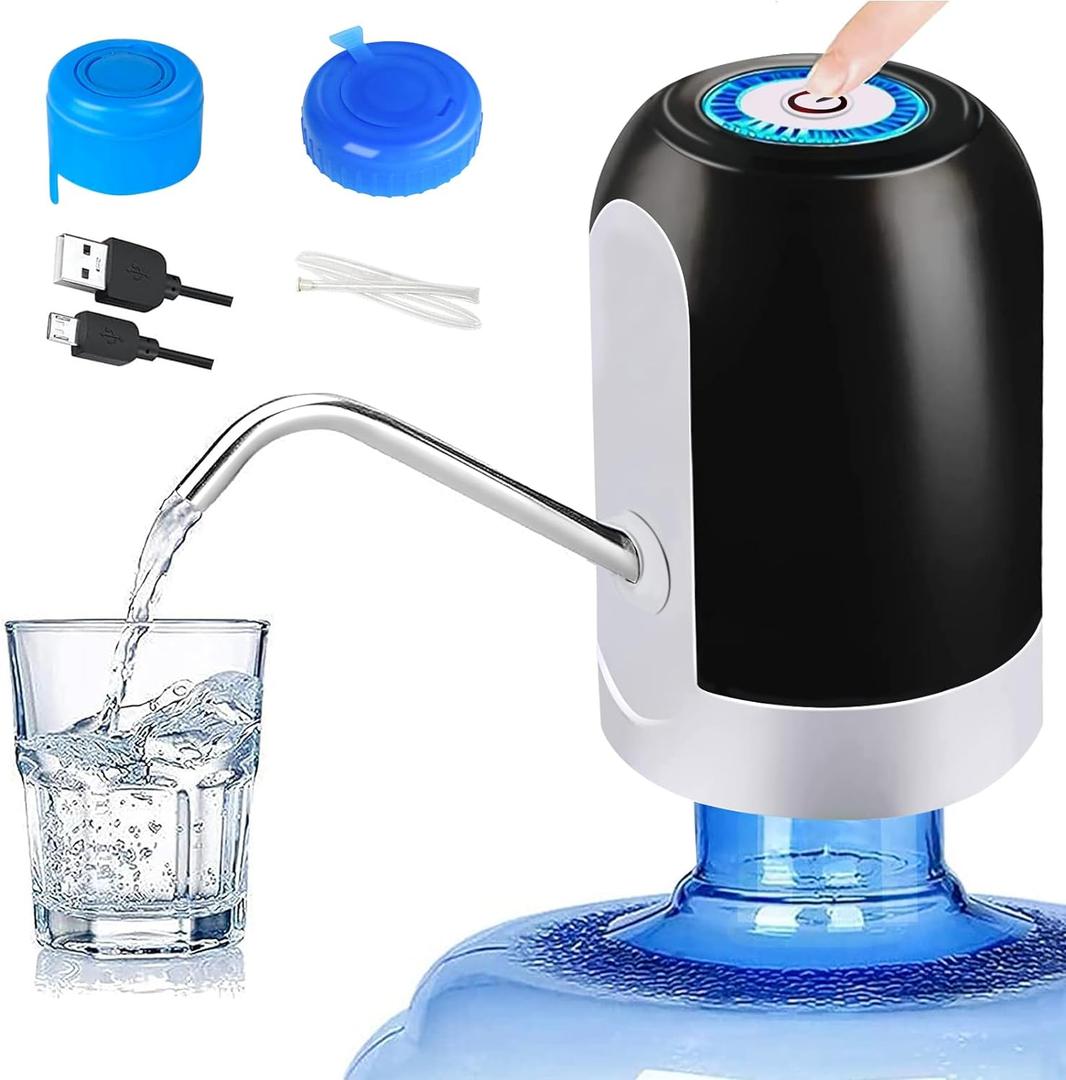 CHIVENIDO 5 Gallon Water Dispenser - Water Bottle Pump with Reusable Caps for Screw Top or Crown Tops, USB Charging Water Jug Dispenser for Universal 2-5 Gallon Bottle, Black 
