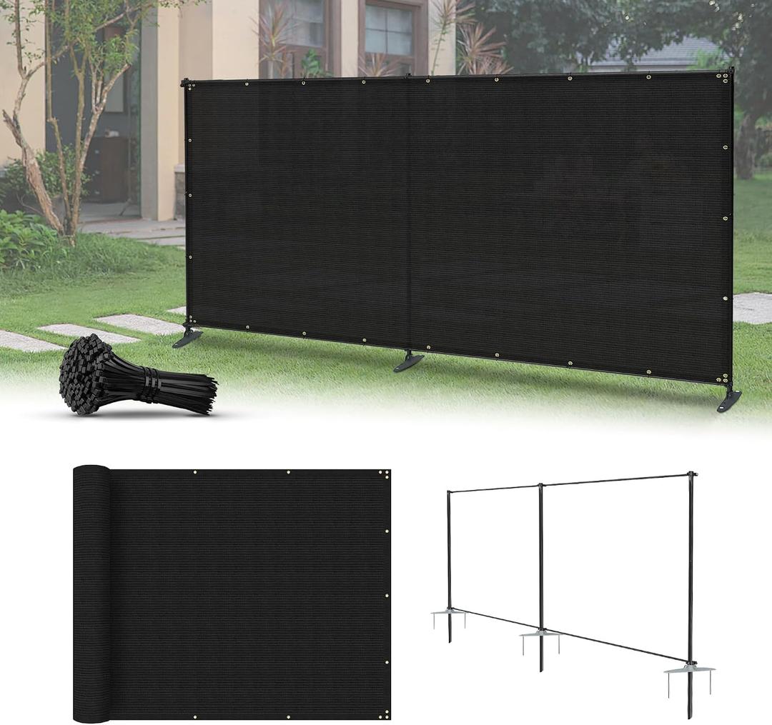 5'x12' Privacy Fence Kit Freestanding Mesh Screen with Iron Poles Temporary Fencing Outdoor Patio Backyard Divider Dog Air Conditioner Trash Fence Black Custom