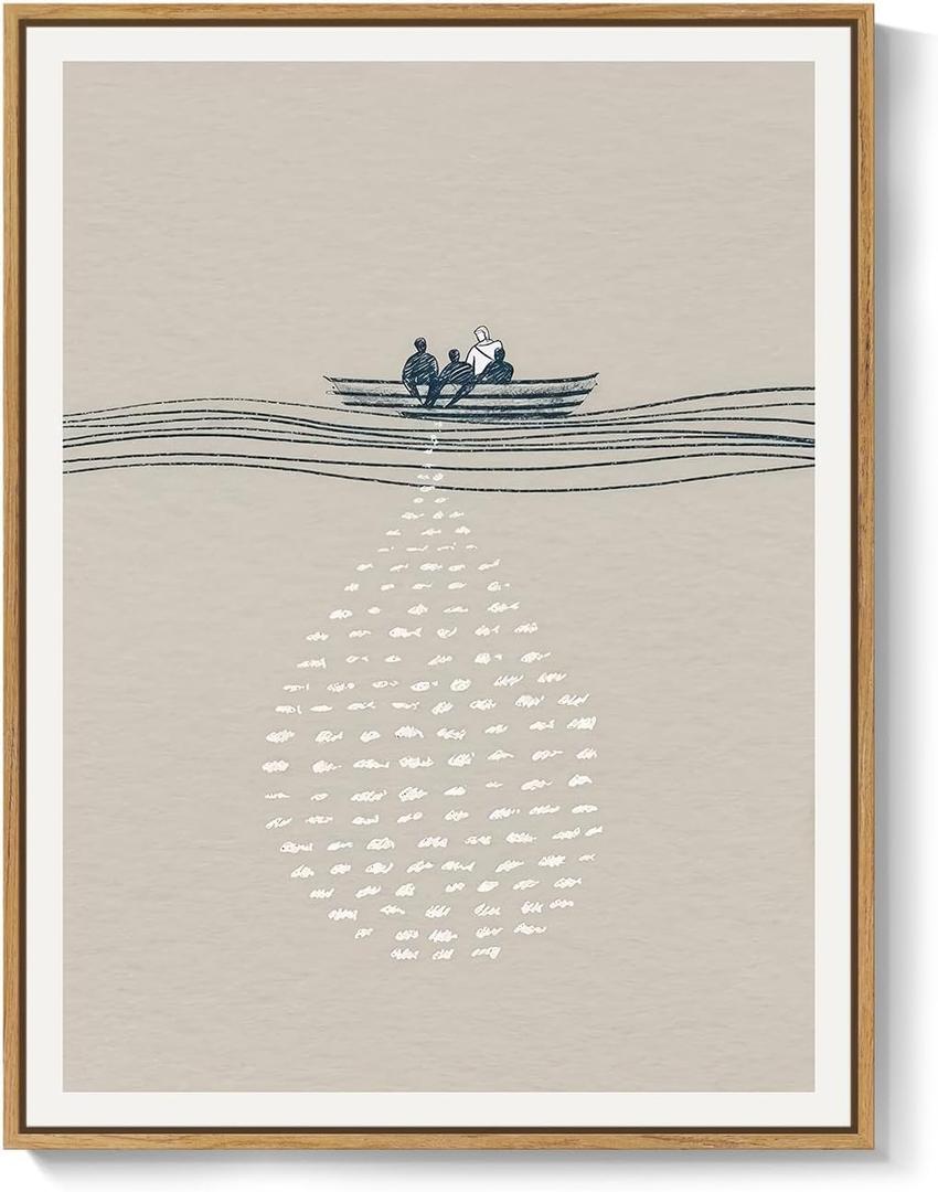 Framed Christian Wall Art, Jesus and Fishermen Canvas Print, Neutral Beige Biblical Scripture Artwork for Dining Room Office Prayer Room, 12x16 Inch