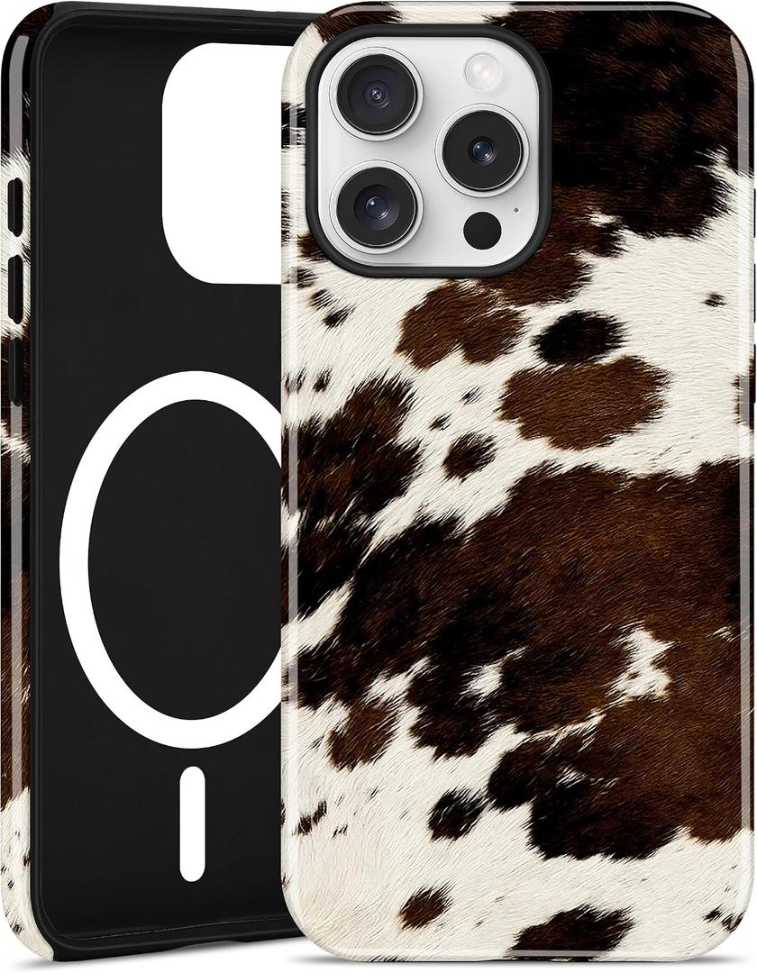 Compatible with MagSafe Cow Phone Case for iPhone 16, Cute Magnetic Animal Print Pattern Aesthetic Design Soft TPU and Hard PC Protective Phone Cover for Women Men Girls Boys - Brown