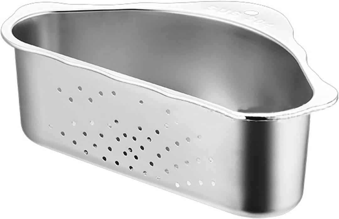 Triangle Sink Drainer Basket, Stainless Steel Triangular Sink Drain Shelf, Suction Cup Triangular Filter Drain Basket Kitchen Sinks Corner for Filter Food Waste and Washing Fruit(COLOR:Silver)
