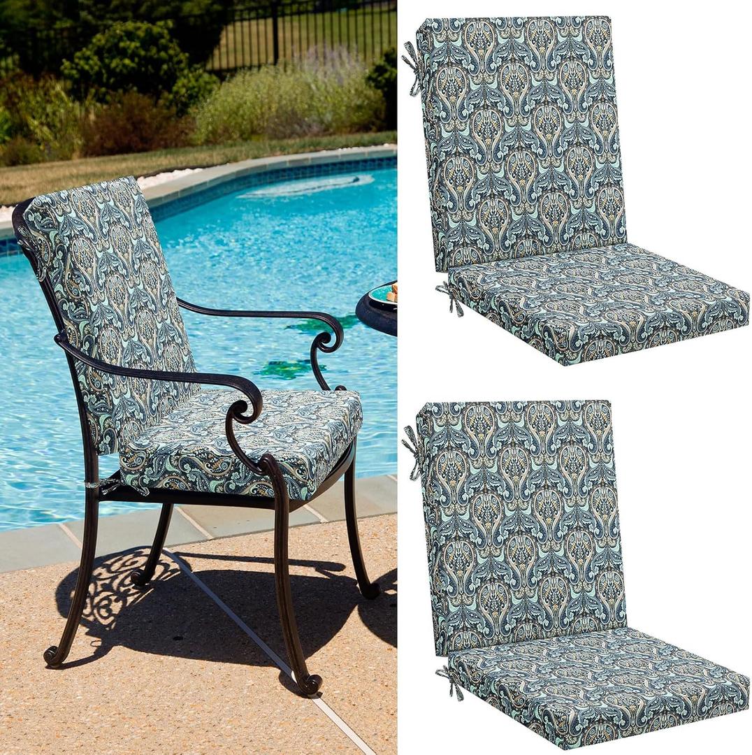 Patelai 2 Set 42x21x3 Inch Outdoor Patio Chair Cushions for Dining/Rocking Chairs High Back Soft Seat Pad with Ties Waterproof Fade Resistant for Indoor Outside Furniture (Vibrant,Paisley Blue Floral)