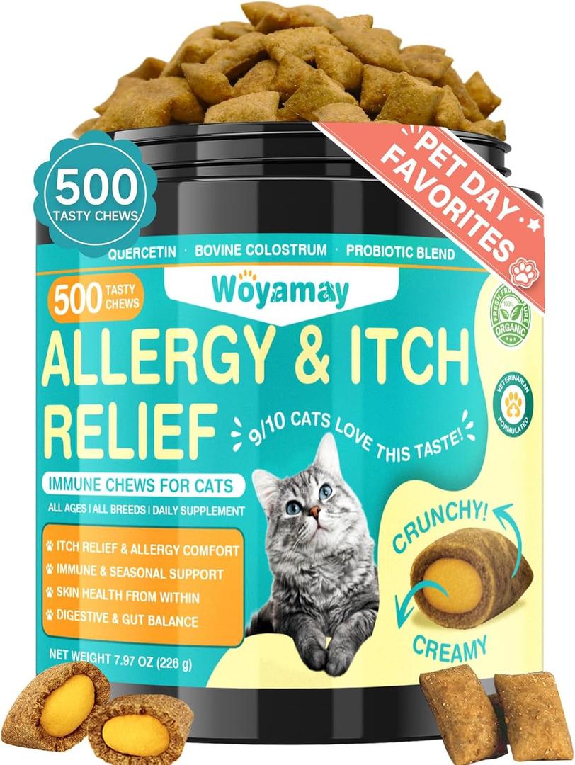 Woyamay Cat Allergy Relief for Cats, 500 Crunchy & Creamy Anti-Itch and Immunity Chews for Itchy Skin, Paws, Eyes, Ears| Stop Licking & Scratching, Supports Seasonal Itching, Chicken Flavor