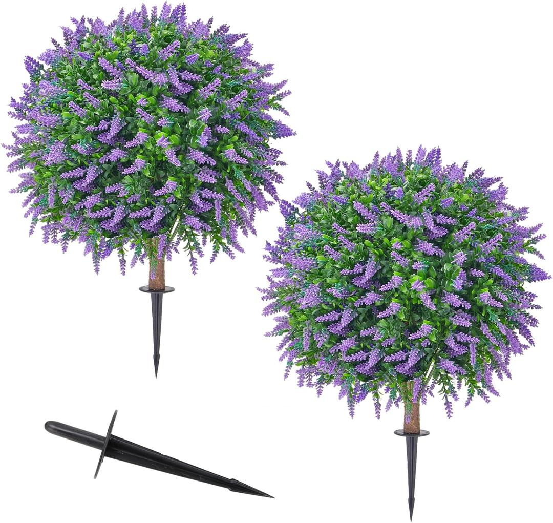 Artificial Lavender Topiary Trees with Ground Stake (Set of 2) - UV Resistant Realistic Fake Lavender Ball Shrubs for Outdoor Patio Garden Front Porch Decor