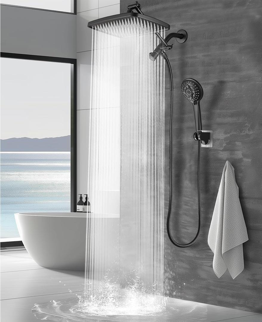 12 Inch Rain Shower Head - High Pressure Shower Head, Dual Shower Heads with 8 Modes Handheld Spray Combo - Upgrade Extension Arm Height Adjustable, Black