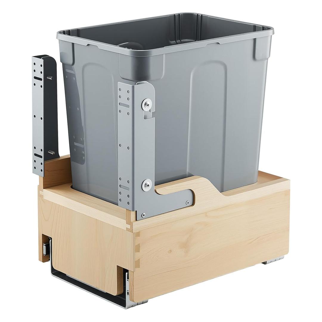 VEVOR Wood Pullout Trash Can for Kitchen Cabinets, 35 QT Garbage Waste Recycling Bin, Under Mount Waste Container, with Heavy Duty Metal Soft Close Sliding System, Door Kit, for Sink, Under Counter