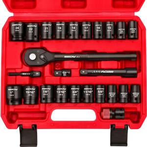 1/2" Drive Socket Wrench Set: 25-Piece SAE & Metric Impact Socket Ratchet Wrench Tool Set Socket Assortment with Storage Box for Repair Mechanic Garage