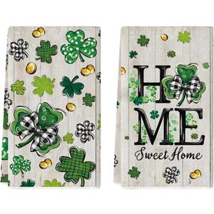 2 x Artoid Mode Wood Clover Shamrock St.Patrick's Day Kitchen Dish Towels, 18x26 Inch Farmhouse Holiday Spring Decoration Cleaning Set of 2