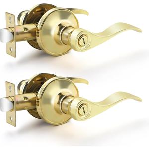 EHOMEWARE 2 Pack Polished Brass Door Knobs Interior, Gold Privacy Door Handles Locksets for Bedroom Bathroom, Reversible Door Handles for Right or Left Handed Doors