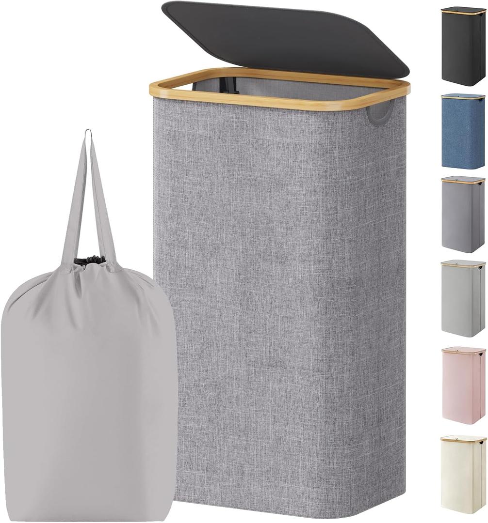 Lifewit 100L Laundry Basket with Lid, Clothes Hampers for Laundry with Bamboo Handles and 1 Removable Bag, Large Foldable Laundry Hamper for Bedroom, Bathroom, Dorm, Laundry Room, Light Gray