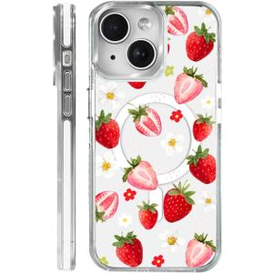 for iPhone 13/14 Case [Compatible with Magsafe],Girls Women Clear Magnetic Case Silicone Shockproof Protective Cover with Pattern Strawberry Sunflower