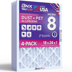 BNX TruFilter 18x24x1 Air Filter MERV 8 (4-Pack) - MADE IN USA – Dust & Pet Defense Electrostatic Pleated Air Conditioner HVAC AC Furnace Filters for Dust, Pet, Mold, Pollen MPR 600 – 700 & FPR 5
