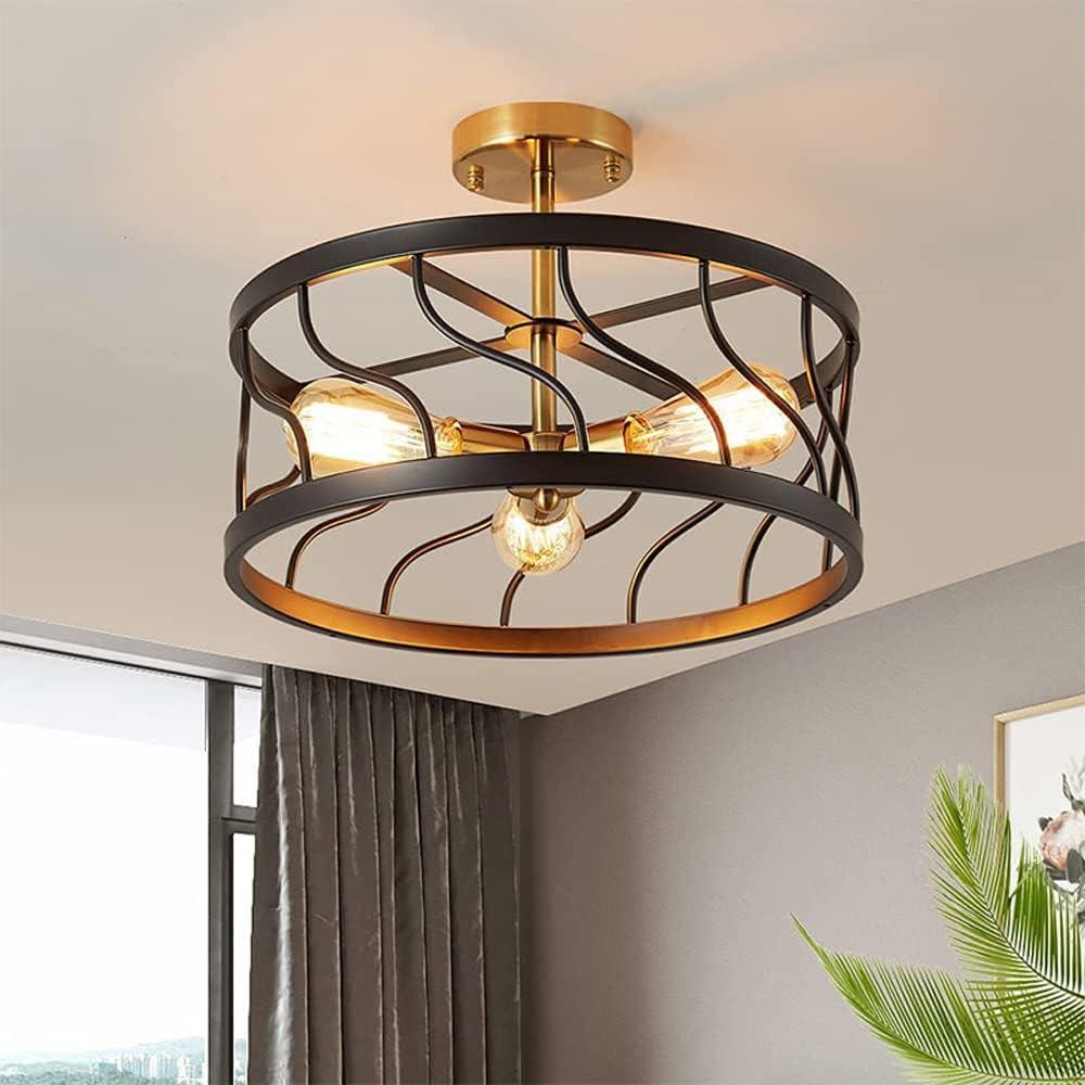 Farmhouse Chandelier,Industrial Vintage Semi Flush Ceiling Light,Kitchen Ceiling Light Fixtures,Modern Black Pendant Light Fixture,Black and Gold Chandeliers for Bedroom Dining Room
