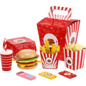 Wooden Fast Food Burger Fries Deluxe Dinner Set, Kitchen Pretend Play Accessories Toy, Realistic Burger Fries Pretend Play Food Set Toy House Props Educational