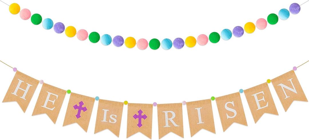JAPBOR 2PCS Easter HE is Risen Burlap Banner Pom Pom Garlands, Colorful Felt Ball & Religious Bunting Hanging Decorations with Crosses Pattern, Easter Party Favor Supplies for Home Office School Decor (White,purple)