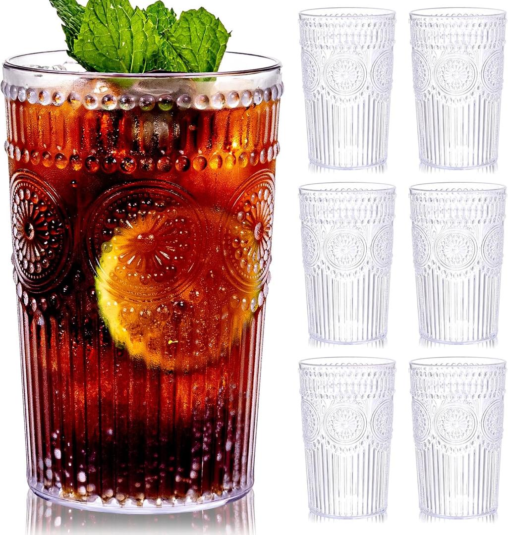 Ciaell 12 Pack Romantic Plastic Water Glasses - 14 Oz Clear Vintage Drinking Glasses, Embossed Ribbed Plastic Cups, Textured Striped Drinkware Set for Juice, Beverages, Beer, Cocktail
