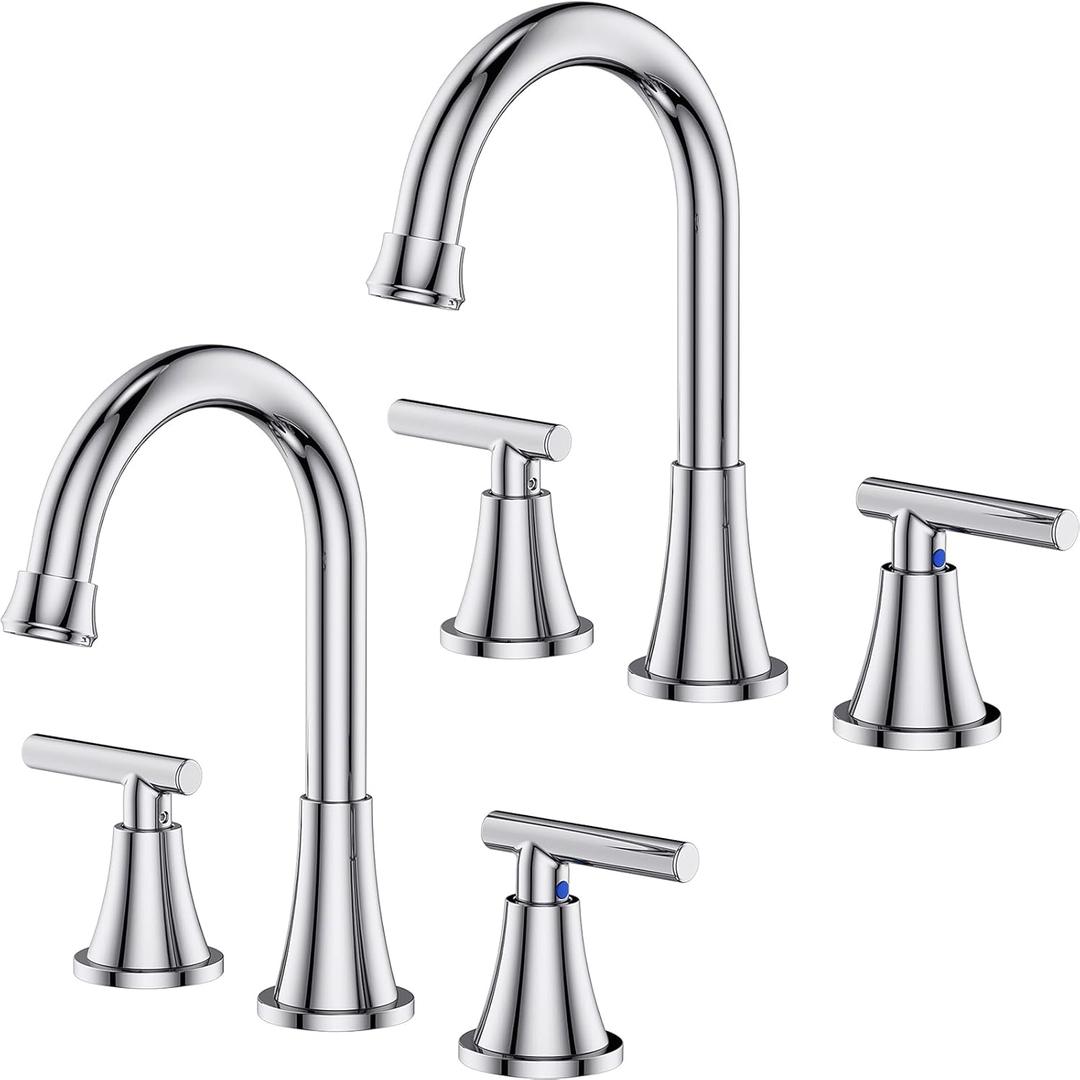 Bathroom Faucets for Sink 3 Hole, Hurran Chrome Bathroom Sink Faucet with Pop-up Drain and Supply Lines, Stainless Steel Lead-Free Widespread Faucet for Vanity RV Farmhouse, 2 Pack