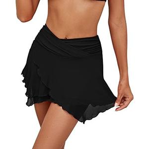 GRAPENT Swim Skirt Bottoms for Women Criss Cross High Waisted Bikini Bottom Layered Mesh Flowy Shorts Bathing Suit Skort, Large