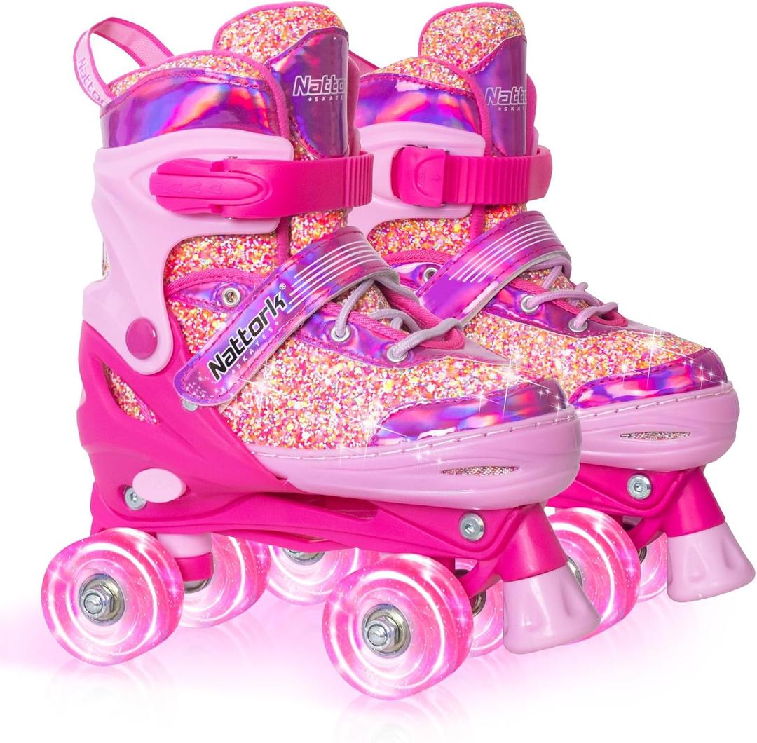 Nattork Kids Roller Skates for Girls Kids, 4 Sizes Adjustable Girls Roller Skates for Ages 3-12 with Light up Wheels & Safety Protection - Cool Birthday Gift for Indoor Outdoor Sports (Small(10C-13C), Candy)