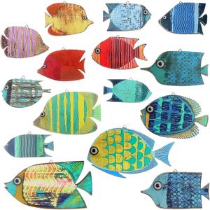 Spiareal 15 Pcs Wood Fish Nautical Wall Decor Wooden School of Fish Wall Art Vintage Hanging Beach Decor Ocean Coastal Theme Ornaments for Home Lake House Bathroom Bedroom (Cute)