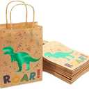 Juvale 24-Pack Dinosaur Party Favor Bags with Handles - 8.7 x 6.3 x 3.2 in Green Foil & Kraft Paper Goodie Bags - Bulk Set for Dinosaur Birthday Party Favors & Gifts
