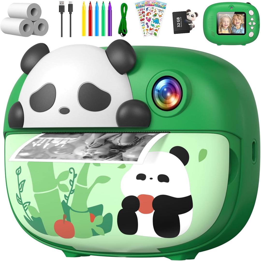 Panda Kids Camera Instant Print Photo with 32G Card, 1080P HD Video Instant Cameras Age 3-12, Digital Toddler Camera Toys with Color Pens for DIY 3-12 Year Old Girls Boys Gifts Birthday, Green