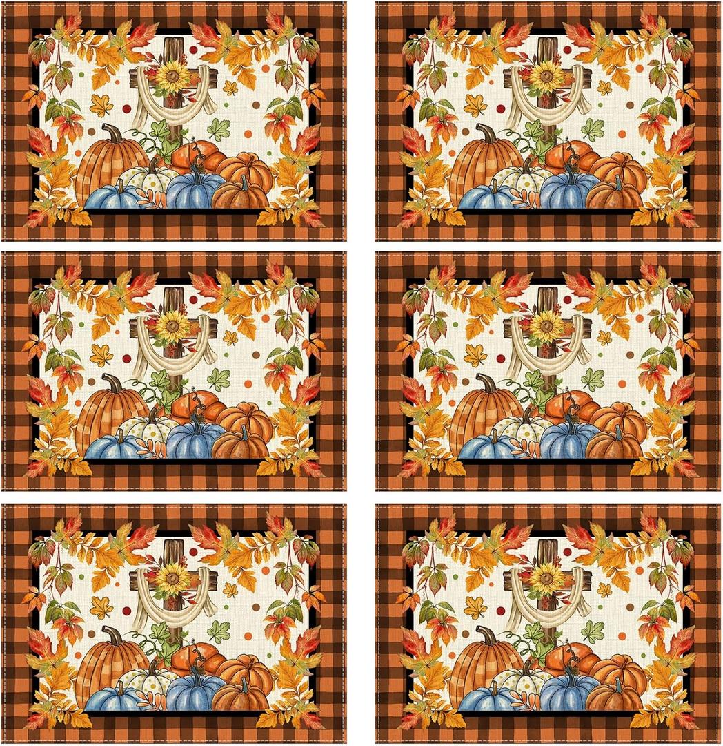 XCHI Fall Cross Pumpkin Maple Leaves Plaid Placemats Set of 6 Table Mats for Party Home Kitchen Dining Thanksgiving Table Decorations 12x18 Inch (Orange and Black)