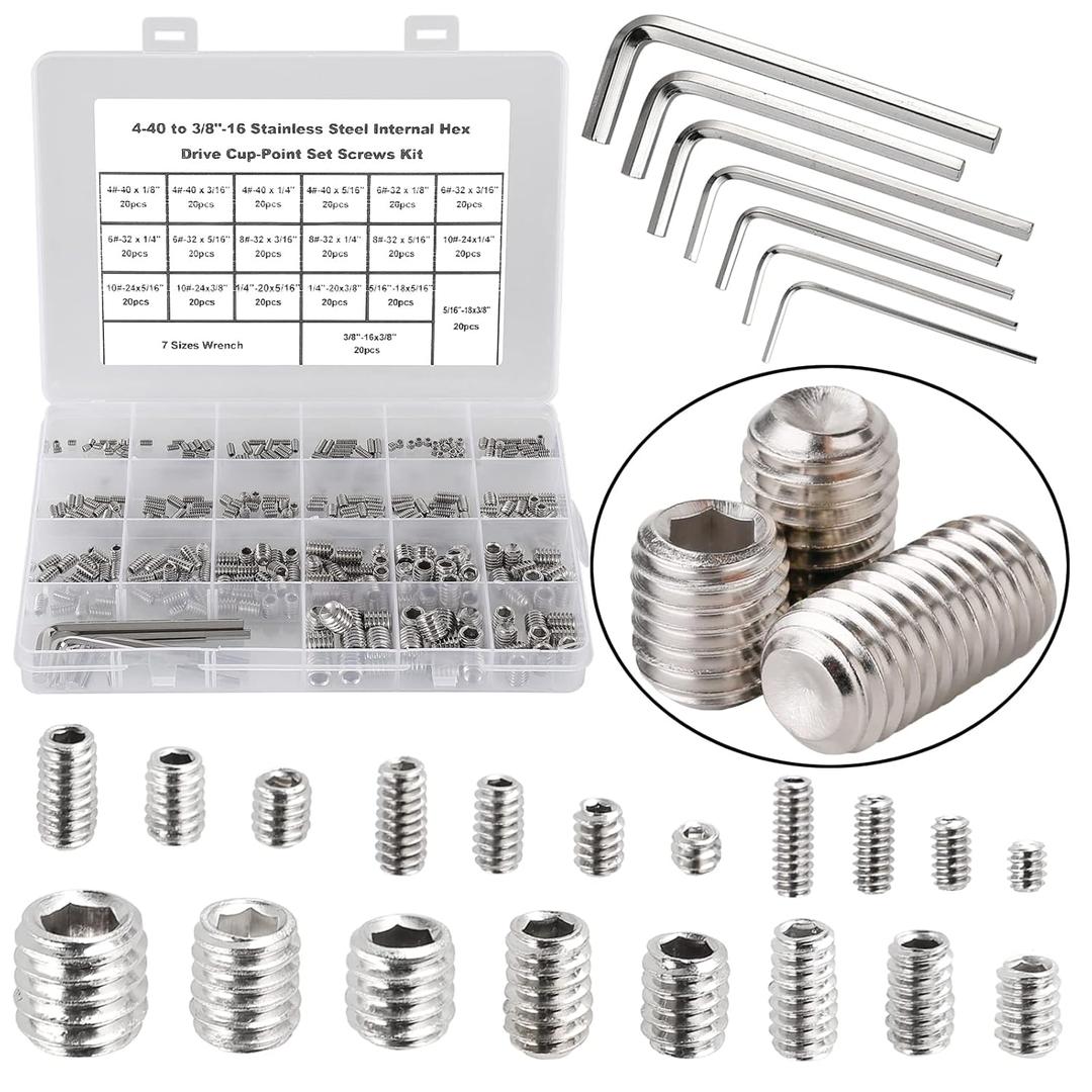 380Pcs 19 Sizes #4-40 to 3/8"-16 UNC Standard SAE Hex Socket Cup Point Set Screws, Allen Head Grub Screws, Internal Hex Drive Headless Screws Assortment with 7pcs Hex Keys, 304 Stainless Steel