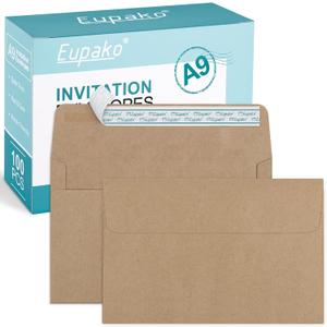 Eupako A9 Envelopes Sefl Seal 100 Pack, Brown Invitation Envelopes for Photos, Invitations, Announcements, Wedding, Baby Shower, 5-3/4 x 8-3/4 Inches