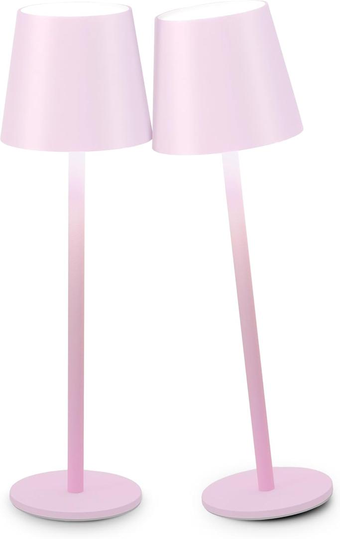 2Pack Cordless Table Lamp, 5200mAh IP54 Waterproof Rechargeable Battery Desk Lamp, 3 Color Stepless Dimming Up, Battery Operated Lamp for Kitchen/Bedside/Outdoor/Restaurant (Light Pink)