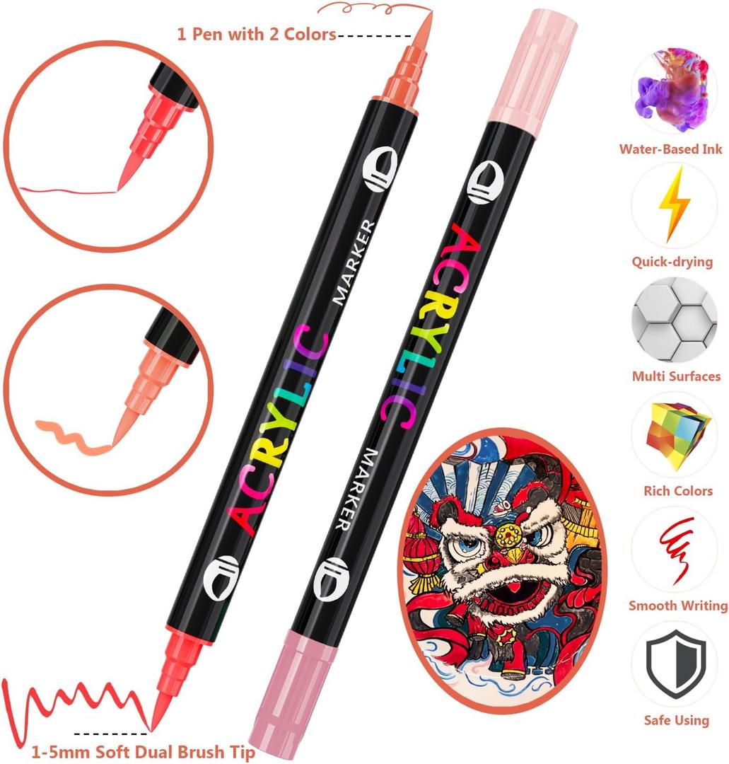 24 Dual Tip Acrylic Markers Paper/Canvas/Glass/Ceramic/Stone