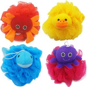 (4 Pack) Lovely Animal Design Kids Exfoliating Bath Scrubber Body Scrubber Shower Ball for Baby Toddler Kids Gentle Exfoliating Bath Sponge Loofah Pouf in Colorful Design
