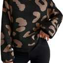 WDIRARA Women's Leopard Sweaters Crew Neck Long Sleeve Pullover Knit Tops (S)