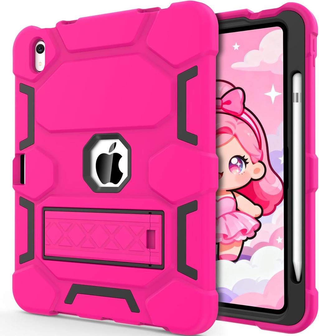 CCMAO Case for iPad 11-inch (A16) 2025/ iPad 10th Generation 2022 (10.9 Inch) with Durable Kickstand, Pencil Holder, Hybrid Heavy Duty Shockproof Protective Case for iPad 11/10 Gen, Pink+Black