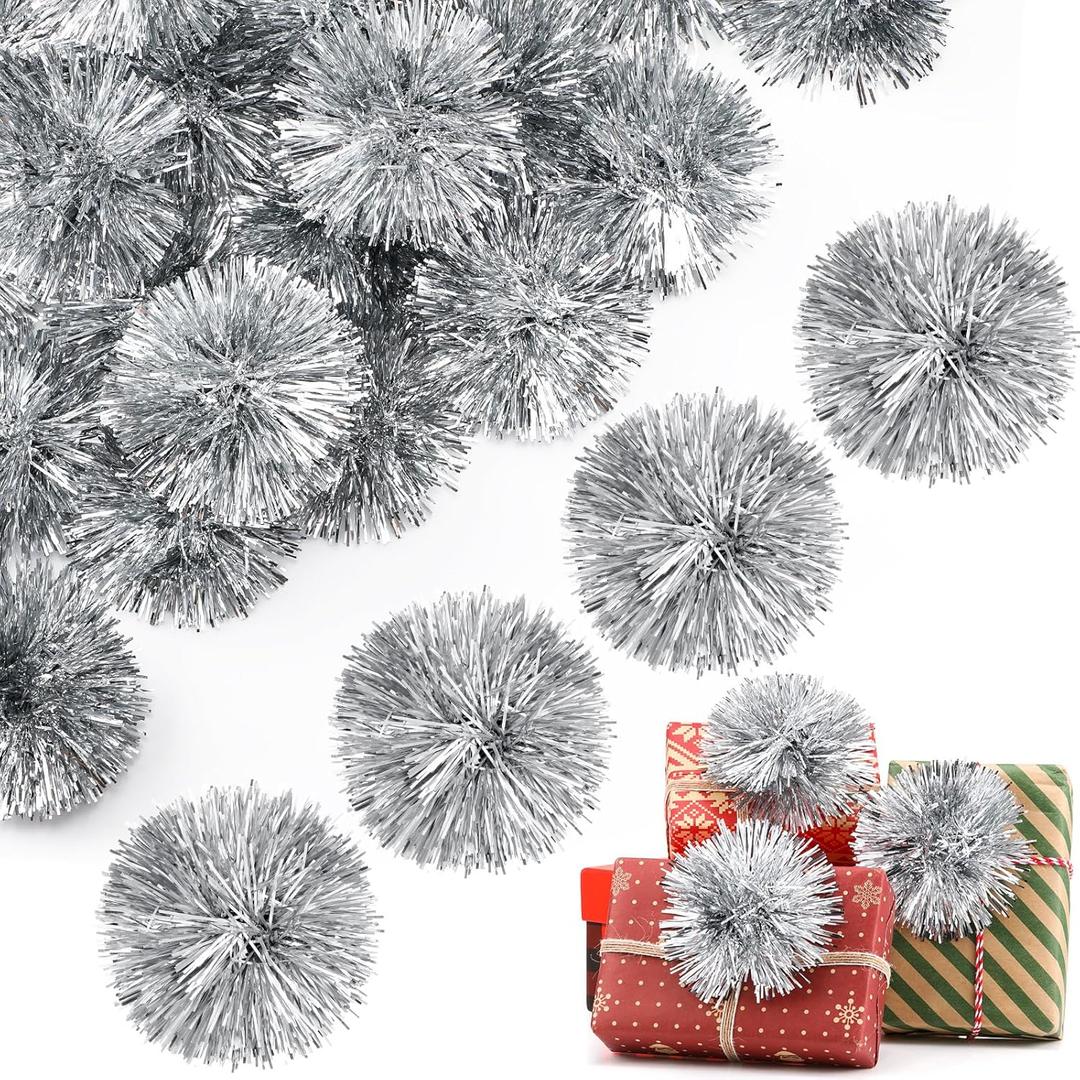 Yunlly 40 Pcs 4 Inch Christmas Tinsel Bows for Gift Wrapping Self Adhesive Pom Poms Colored Tinsel Bows for Crafts Presents Baskets Christmas Tree Decoration (Silver)
