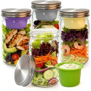 redaica 4Pack Glass Salad Jars with Lids Meal Prep,32 oz Leakproof Salad Container for Lunch with Dressing 4 Wet/Dry Cup Separation Ingredients,Storage Containers for Office Camping Picnic