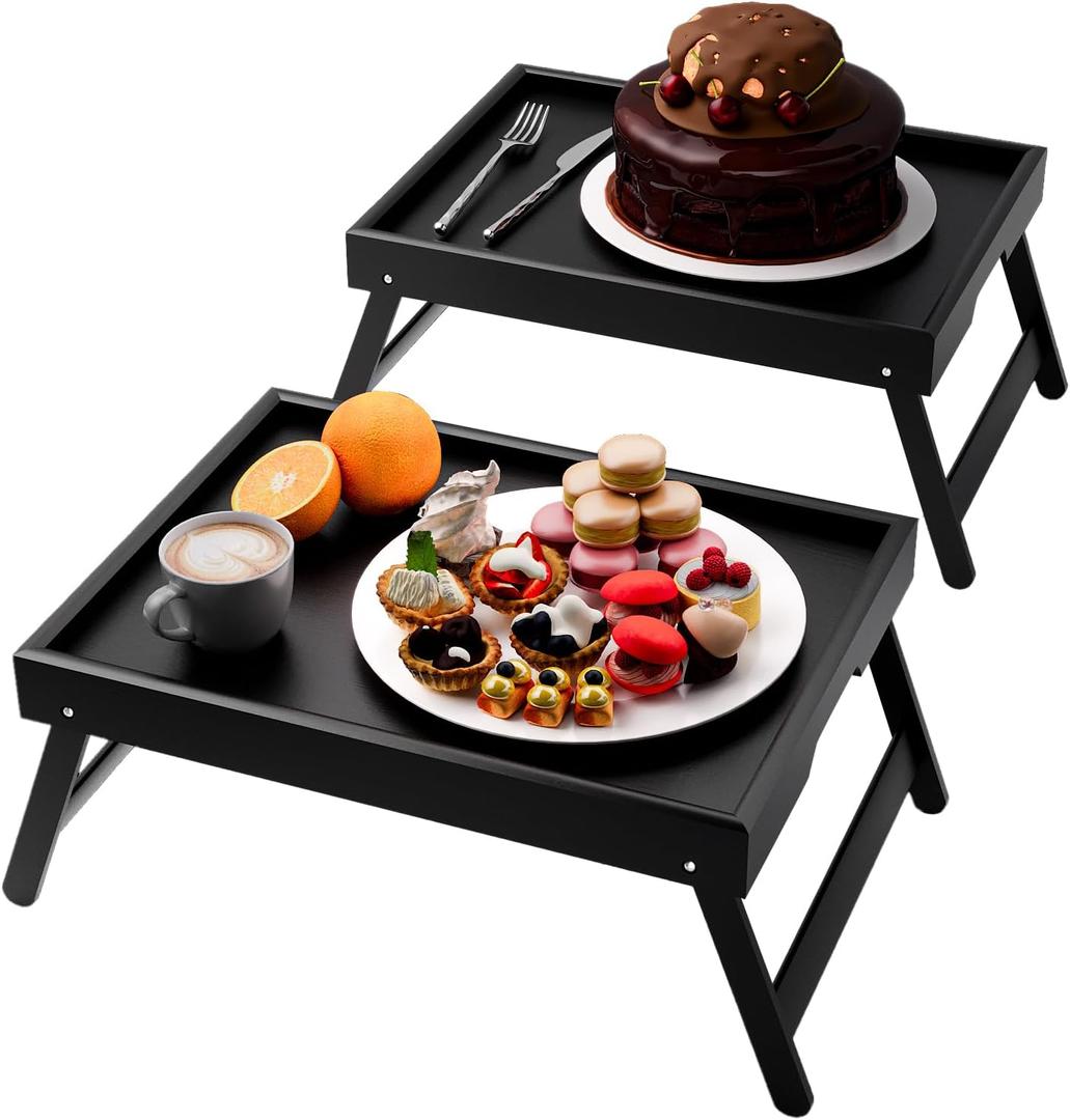 Fibogollo 2 Pack Bamboo Bed Tray Table with Folding Legs, Breakfast Trays, Serving Tray for Food and Snack, Laptop Trays for Working(Black)