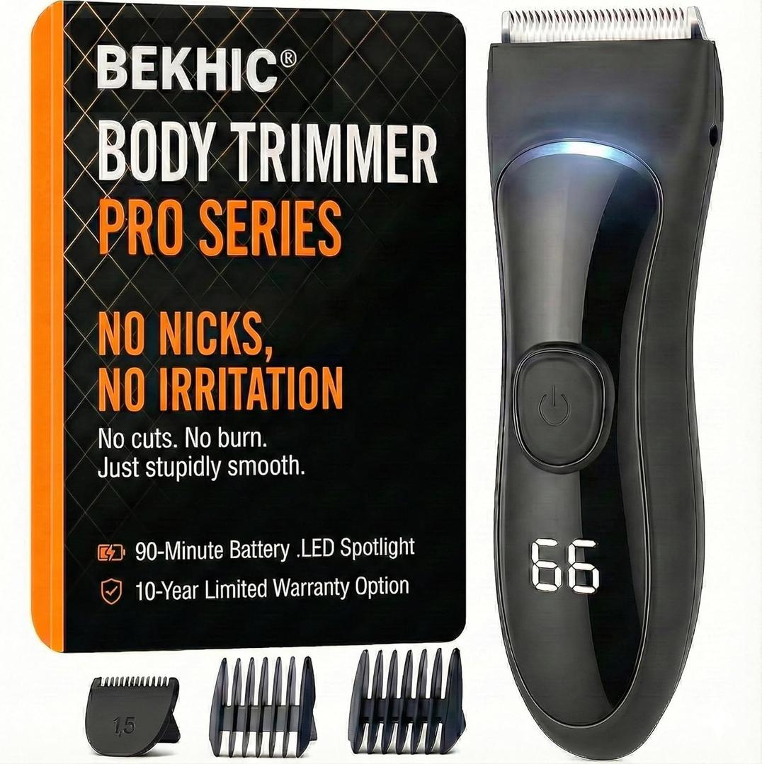Bekhic Manscape Groin & Body Hair Trimmer for Men  Waterproof Pubic Hair Shaver & Ball Groomer with LED Light  No-Nick Ceramic Blade, 90-Min Runtime, Cordless Wet/Dry Clipper for Sensitive Skin (Black)