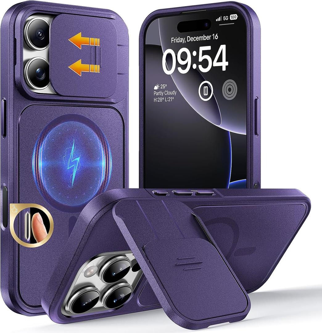 TOCOL for iPhone 16 Pro Max Case with Slide Camera Cover, Kickstand and Camera Control Button, Fit for MagSafe, Rugged Solid Phone Case, Non-Slip, Drop Protection, Midnight Purple