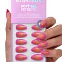 BTArtbox Press On Nails Short - Sunset Pop, Easy-to-Apply Hot Pink and Yellow Almond Press On Nails with Glue and Adhesive Tabs in 16 Sizes - 32 Nails All-in-One Kit