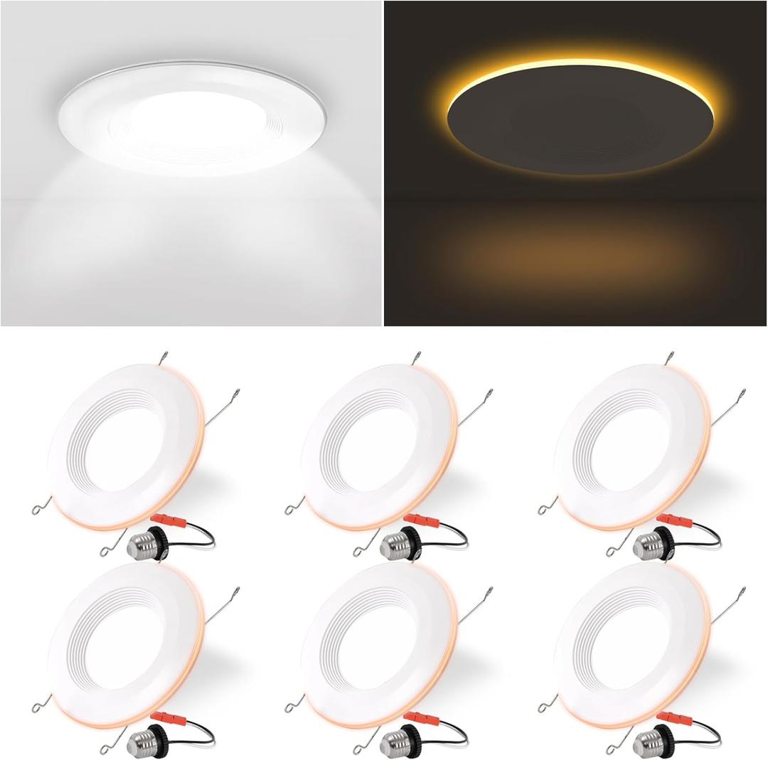 6 Pack 6 Inch LED Recessed Lighting with Night Light, Dimmable Can Lights with Baffle Trim, 9W=85W, 5000K Daylight, 700LM Retrofit Downlight, CRI 90, Damp Rated, IC Rated & ETL Certified