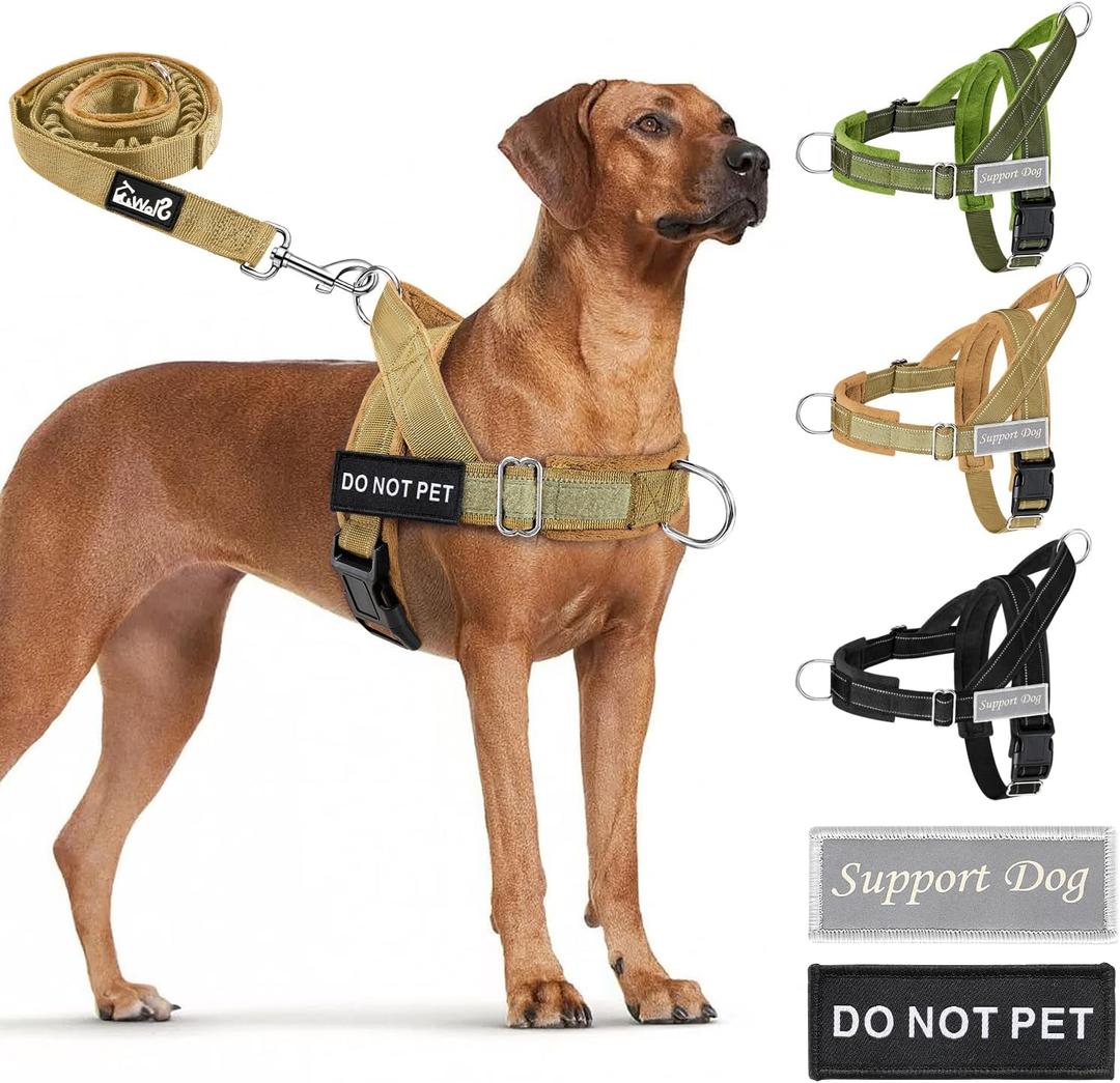 SlowTon No Pull Dog Harness - Heavy Duty Dog Harness and Leash Set for Medium Large Dogs, Reflective Tactical Harness with Soft Padded and Front Clip for Easy Walk and Training (Tan M)
