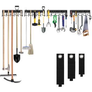 LEYU Metal Garage Tool Organizer Wall Mount, 4 Pack Garden Tool Organizer With Extension Cord Straps, Garage Organization Hooks and Hangers for Shed, Yard Storage, Wall Holder for Hanging Broom Mop