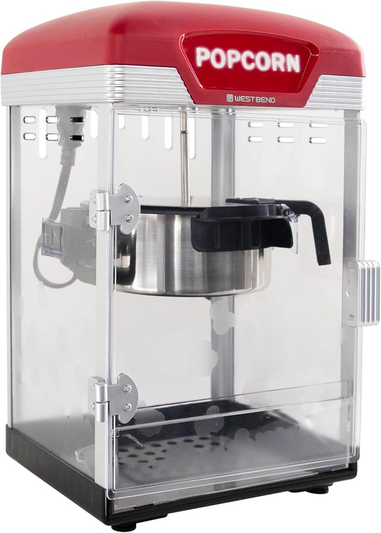 West Bend Stir Crazy Movie Theater Popcorn Popper, Popcorn Maker Machine with Nonstick Popcorn Kettle, Measuring Tool and Popcorn Scoop for Popcorn Machine, 4 Qt., Red