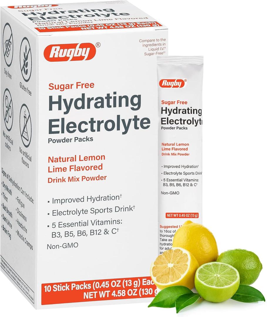 Rugby Sugar-Free Hydrating Electrolyte Powder Packs - Drink Mix Powder Packets with 5 Vitamins - Improved Hydration - Natural Lemon-Lime Flavor - 10 Stick Packs - 0.45 Oz Each (1 Pack), EXP 02/26