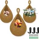 Hanging Fruit Basket for Kitchen, 3 Pack Wall Hanging Fruit Baskets with 3 Hooks, Boho Hanging Wall Basket, Hanging Kitchen Baskets for Fruits, Vegetables and Onion Storage, Caramel