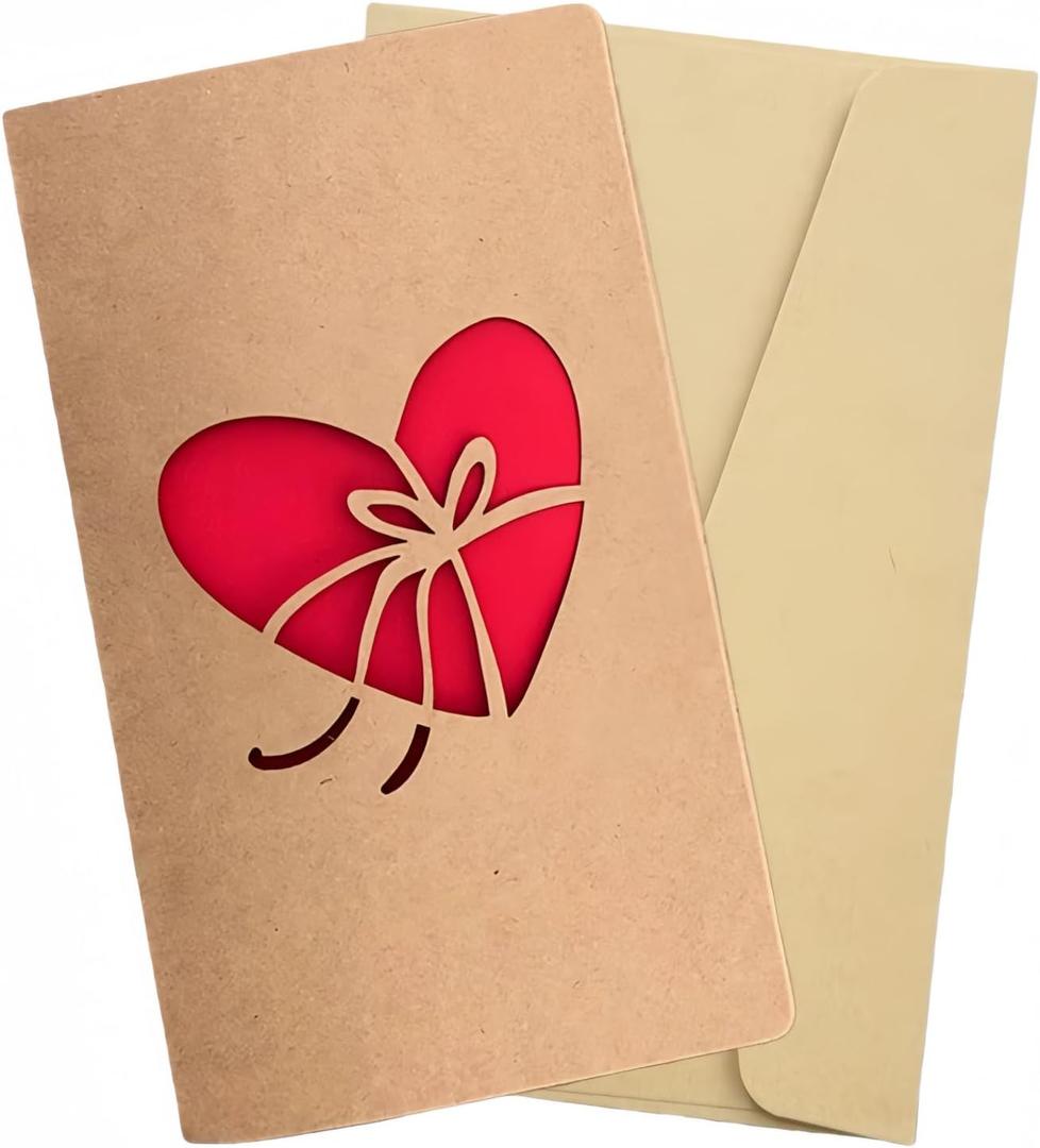 Mothers Day Card for Mom, Birthday Card for Women, Sister, Friend, Girlfriend, Romantic Anniversary Card for Husband, Wife, Heart-Shaped Bow Laser Cut Wedding Anniversary Card with Red Page and Envelope 3 Pieces
